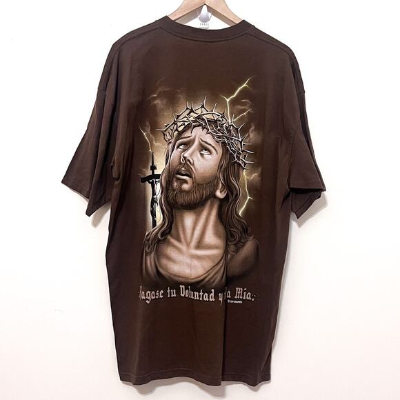 Vintage 90s Jesus Crown Of Thorns Graphic T Shirt Size 2XL Brown Religious Cross - Picture 1 of 9